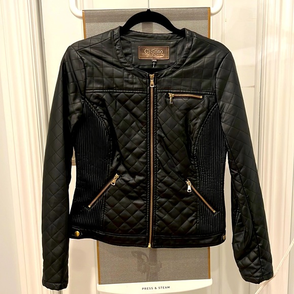 Ci Sono Jackets & Blazers - Woman’s Black Vegan Leather Moto Jacket with Gold Hardware